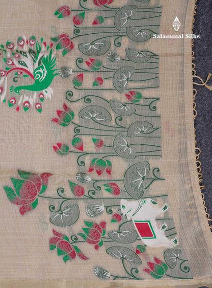 Beautiful Cream Sandal Menakari Work Muga Cotton Saree With Blouse