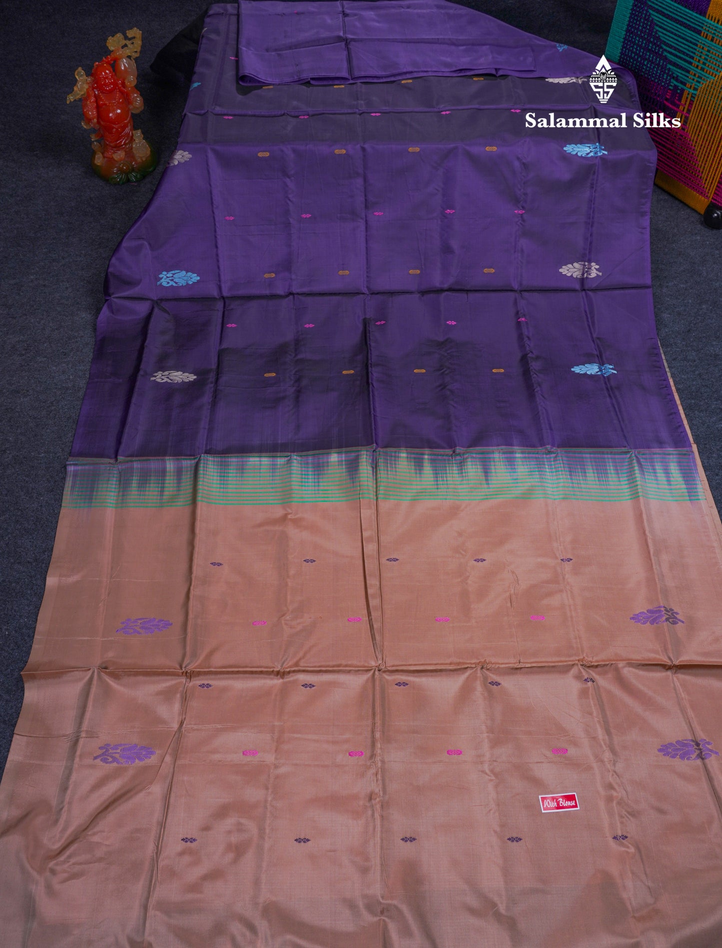 Dark Purple Thread work Buttas Banana Pinth Saree (Vaazhainaar Pattu) With Contrast Chocolate Blouse
