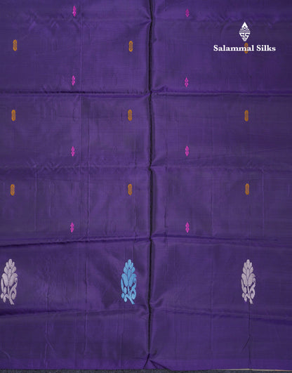 Dark Purple Thread work Buttas Banana Pinth Saree (Vaazhainaar Pattu) With Contrast Chocolate Blouse