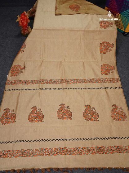 South Cotton Saree -  Cream Sandal Colour Body Printed With Contrast Orange Blouse