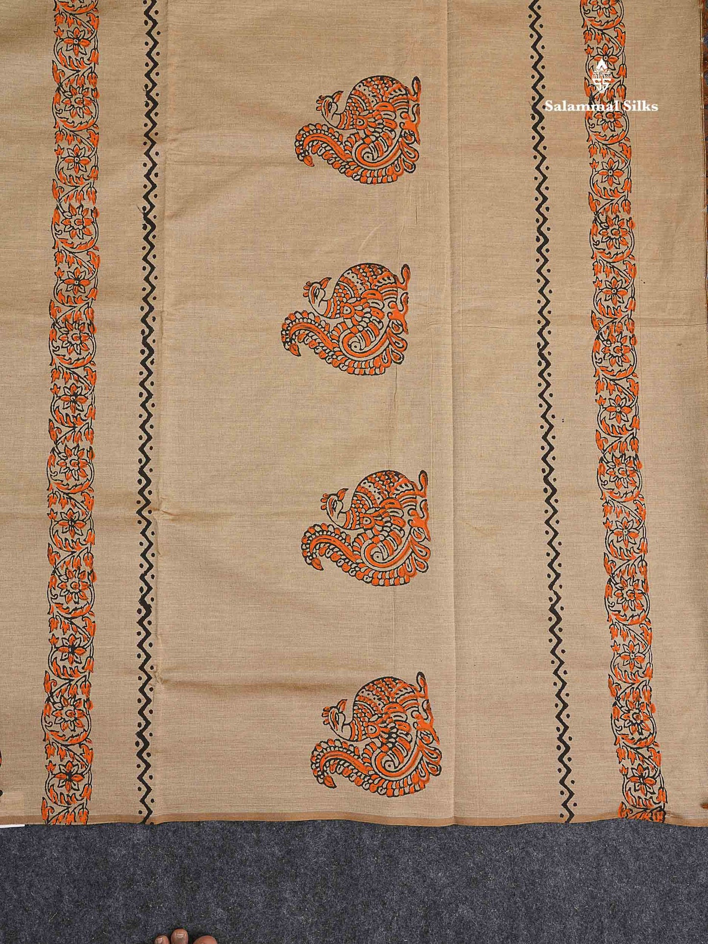 South Cotton Saree -  Cream Sandal Colour Body Printed With Contrast Orange Blouse