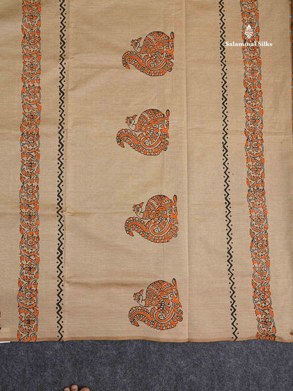 South Cotton Saree -  Cream Sandal Colour Body Printed With Contrast Orange Blouse