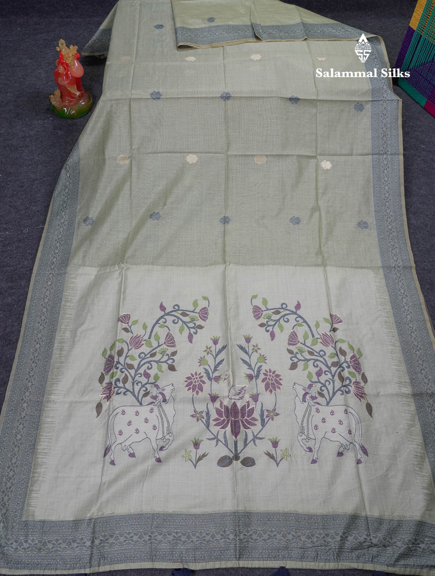 Beautiful Light Rexona Muga Cotton Saree With Contrast Navy Blue Blouse