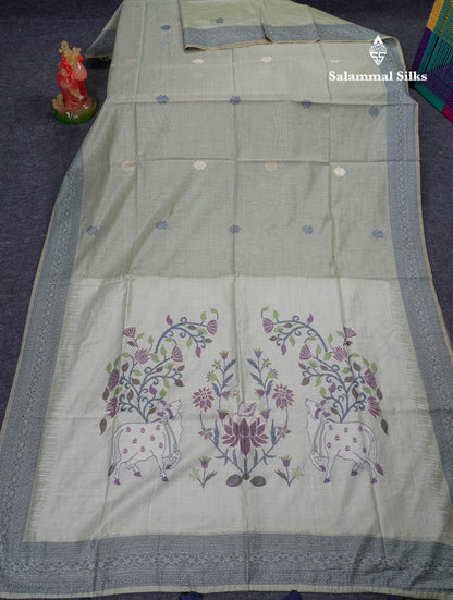 Beautiful Light Rexona Muga Cotton Saree With Contrast Navy Blue Blouse