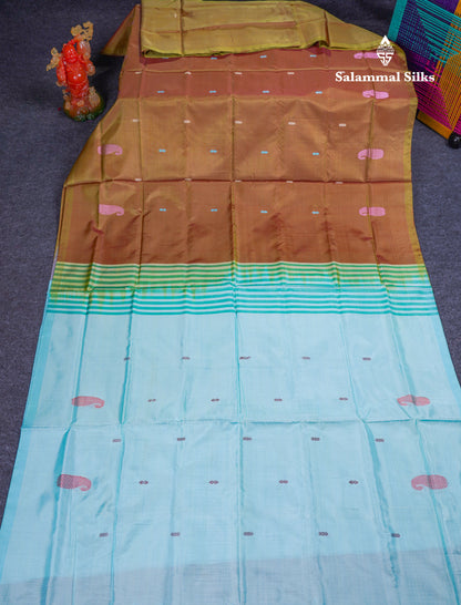 Olive Mustard Yellow Thread work Buttas Banana Pinth Saree (Vaazhainaar Pattu) With Contrast Pastel Blue Blouse