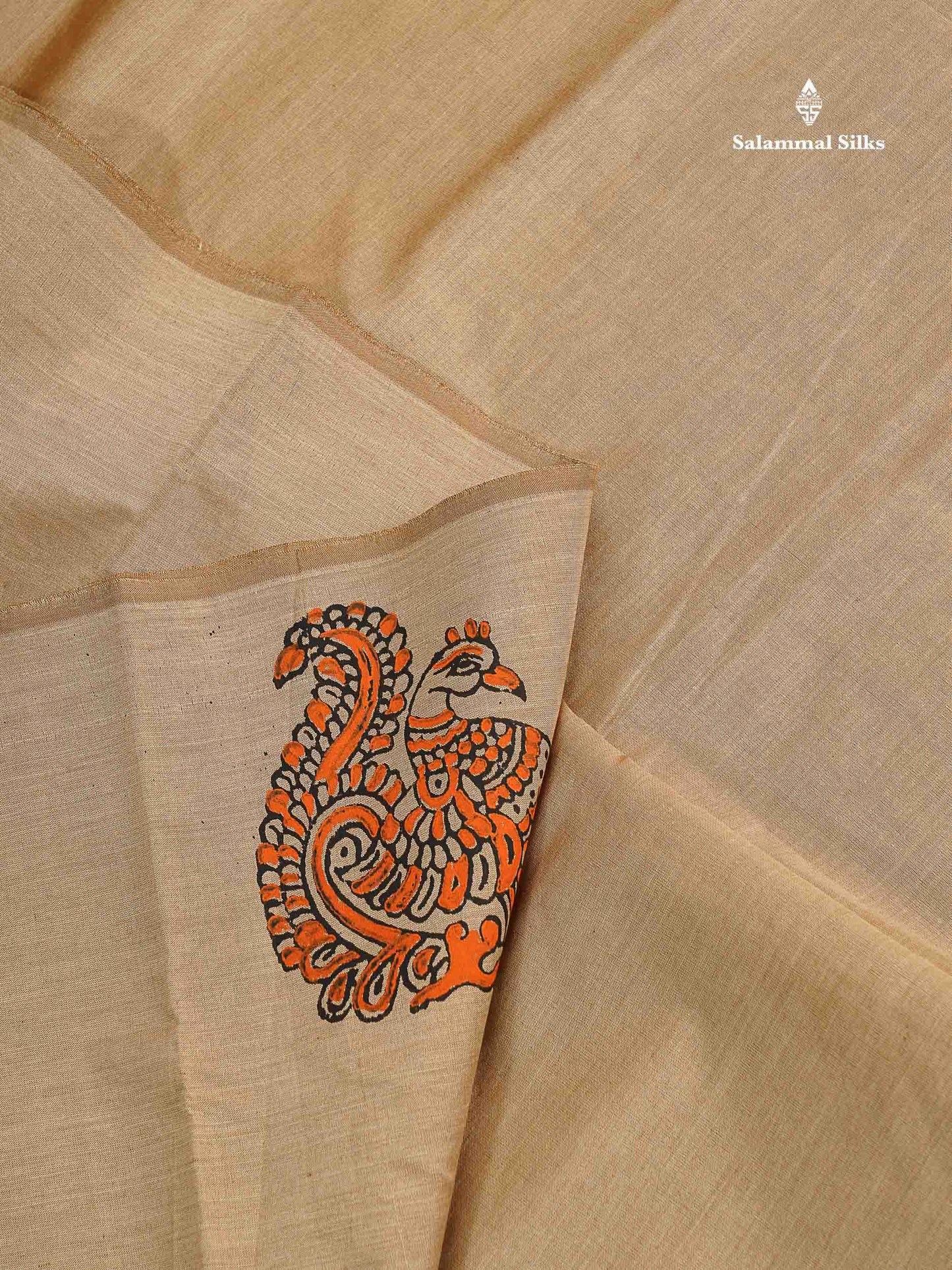South Cotton Saree -  Cream Sandal Colour Body Printed With Contrast Orange Blouse