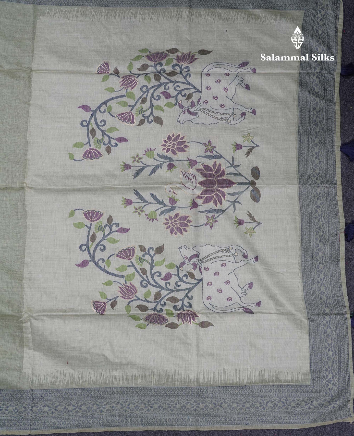 Beautiful Light Rexona Muga Cotton Saree With Contrast Navy Blue Blouse