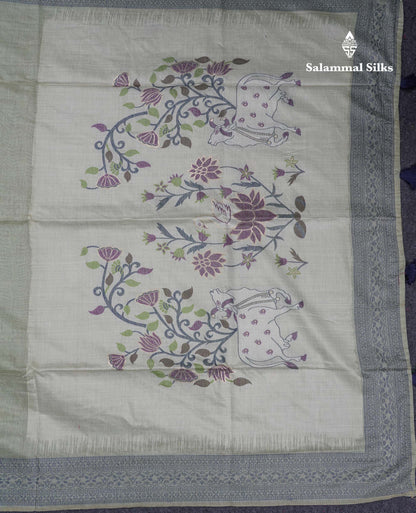 Beautiful Light Rexona Muga Cotton Saree With Contrast Navy Blue Blouse