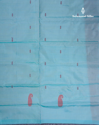Olive Mustard Yellow Thread work Buttas Banana Pinth Saree (Vaazhainaar Pattu) With Contrast Pastel Blue Blouse