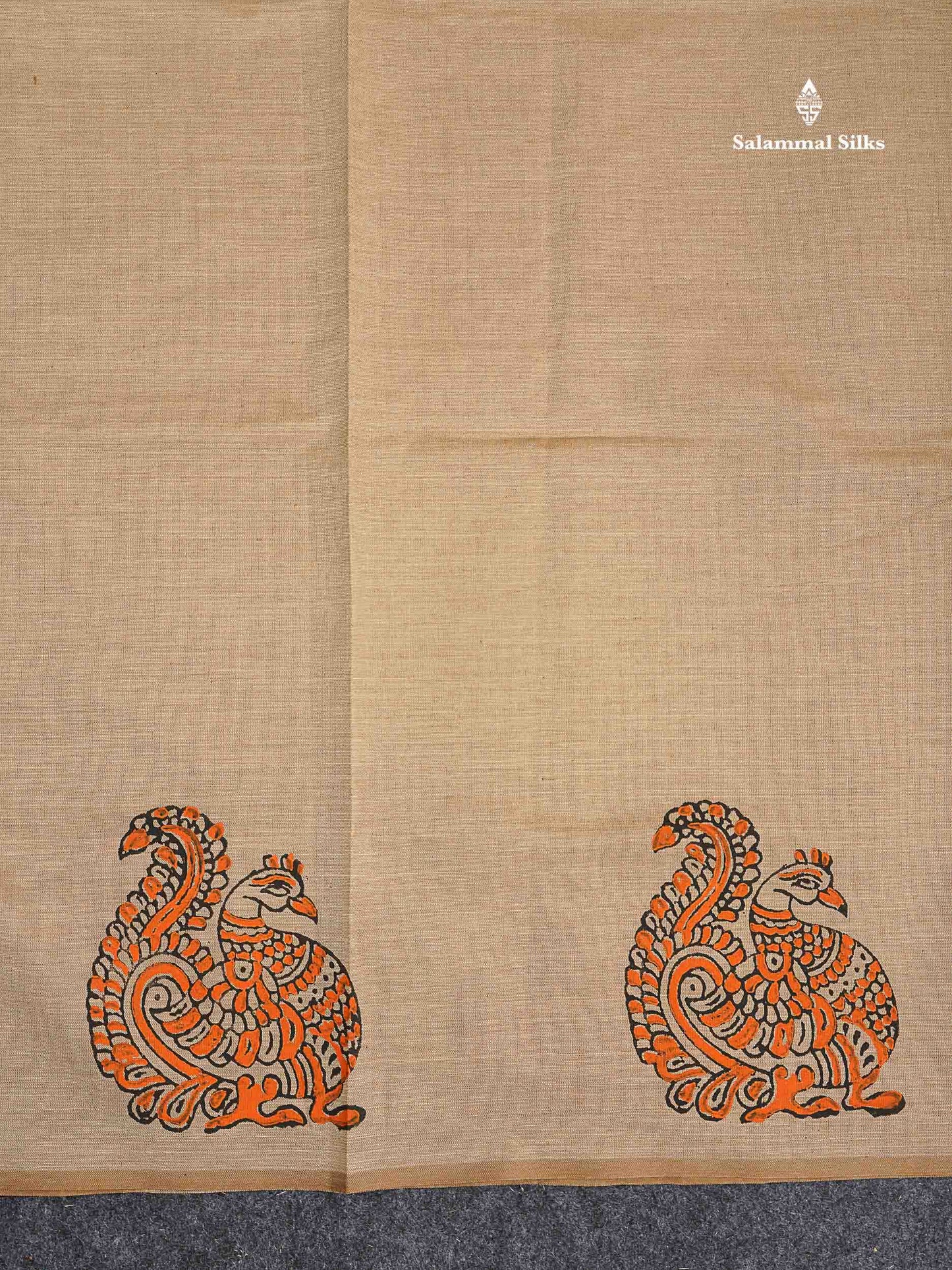 South Cotton Saree -  Cream Sandal Colour Body Printed With Contrast Orange Blouse