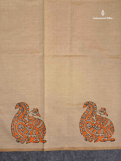 South Cotton Saree -  Cream Sandal Colour Body Printed With Contrast Orange Blouse