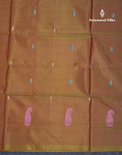 Olive Mustard Yellow Thread work Buttas Banana Pinth Saree (Vaazhainaar Pattu) With Contrast Pastel Blue Blouse