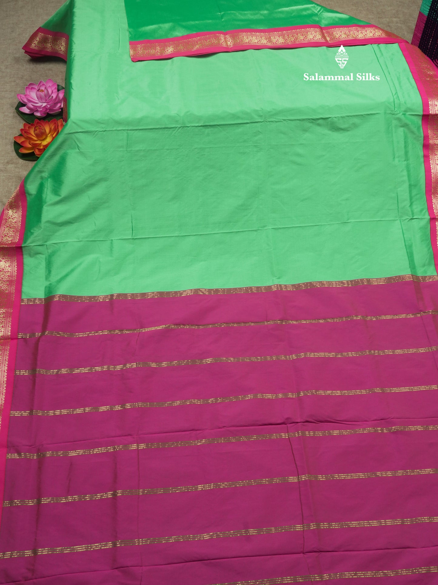 9.5 Yards Semi Silk Saree Bottle Green with Contrast Pink Border
