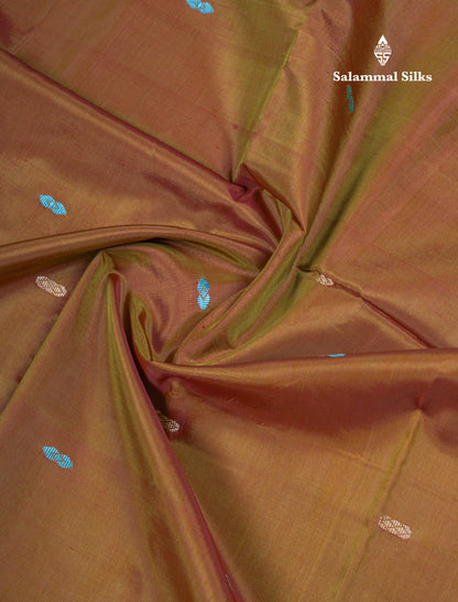 Olive Mustard Yellow Thread work Buttas Banana Pinth Saree (Vaazhainaar Pattu) With Contrast Pastel Blue Blouse