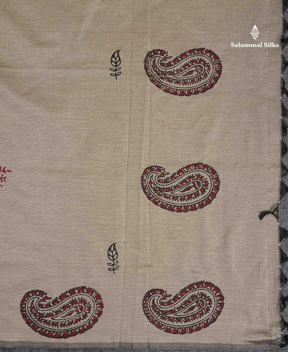 South Cotton Saree -  Elephant Grey Colour Body Printed Saree With Contrast Maroon Blouse