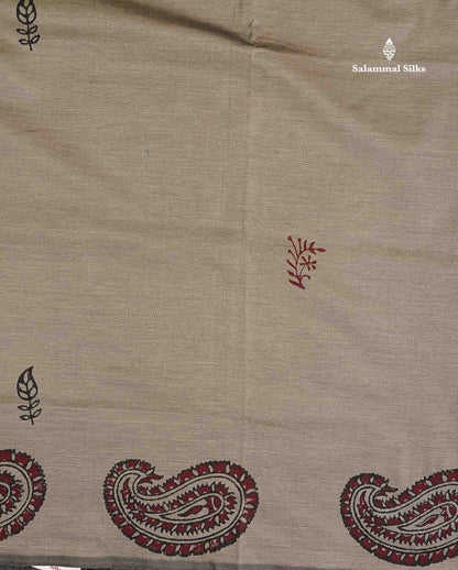 South Cotton Saree -  Elephant Grey Colour Body Printed Saree With Contrast Maroon Blouse