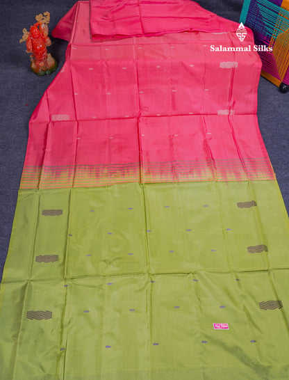 Pink Thread work Buttas Banana Pinth Saree (Vaazhainaar Pattu) With Contrast Parrot Green Blouse
