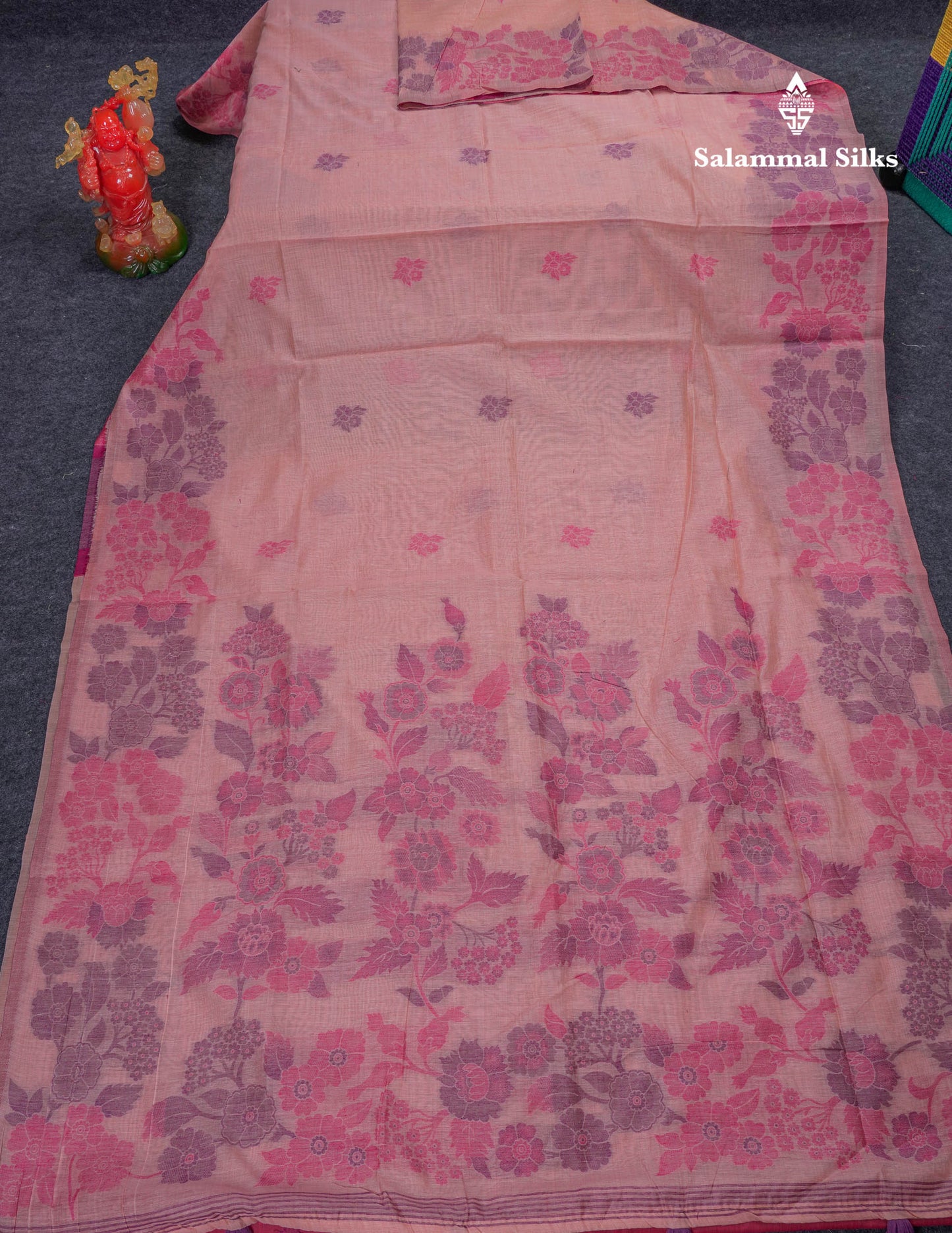 Beautiful Peach Menakari Work Thread Butta Muga Cotton Saree With Contrast Pink Blouse