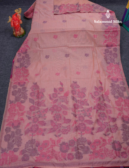 Beautiful Peach Menakari Work Thread Butta Muga Cotton Saree With Contrast Pink Blouse