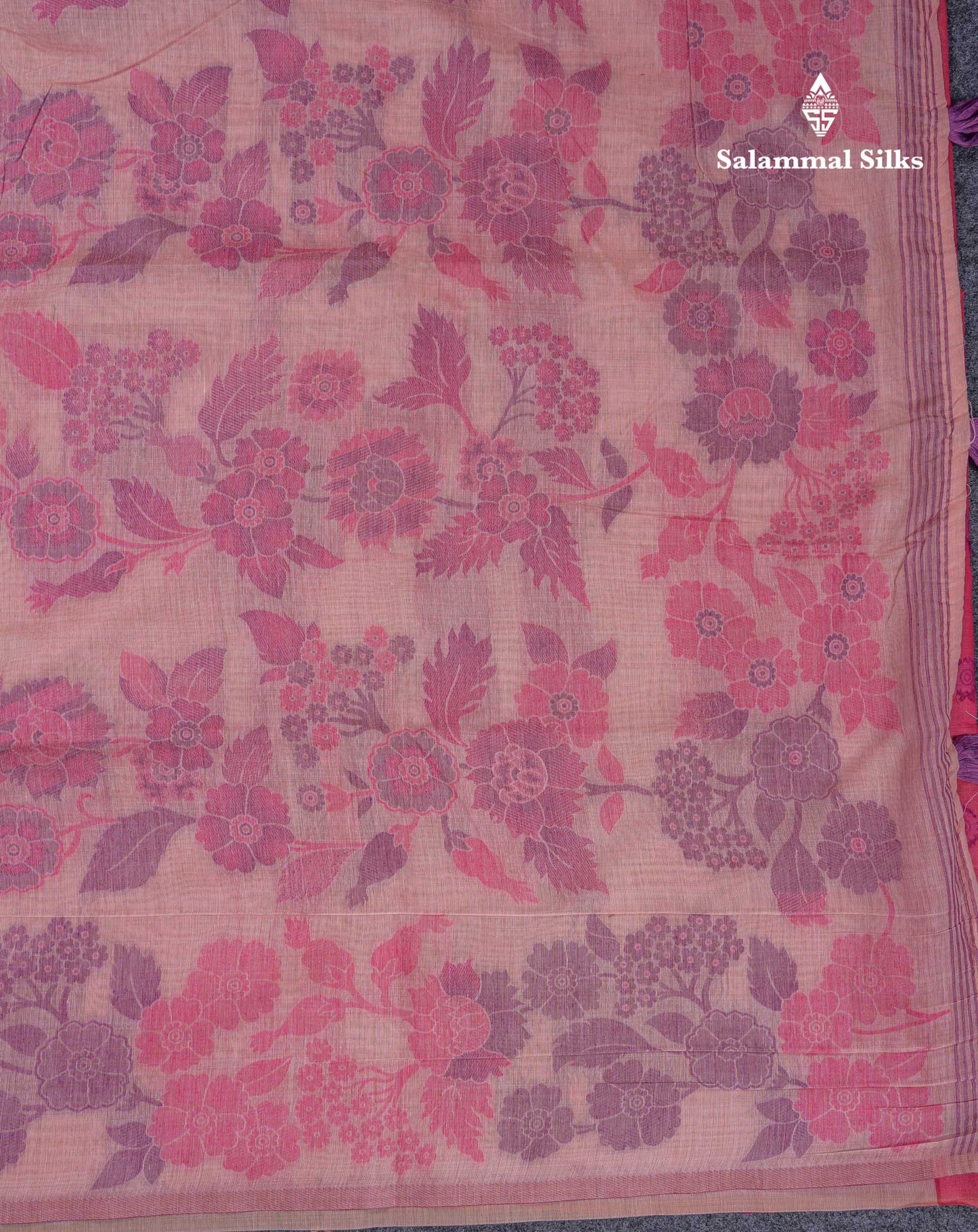 Beautiful Peach Menakari Work Thread Butta Muga Cotton Saree With Contrast Pink Blouse