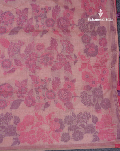 Beautiful Peach Menakari Work Thread Butta Muga Cotton Saree With Contrast Pink Blouse