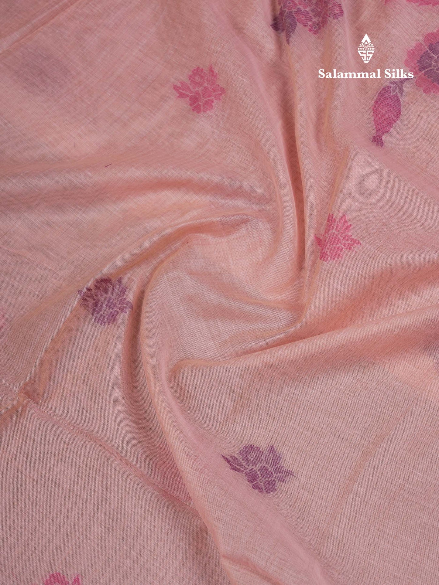 Beautiful Peach Menakari Work Thread Butta Muga Cotton Saree With Contrast Pink Blouse