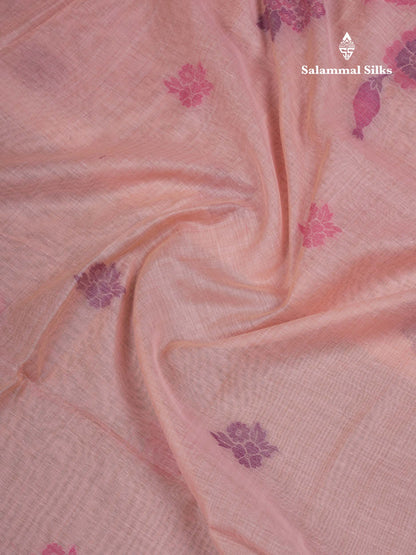 Beautiful Peach Menakari Work Thread Butta Muga Cotton Saree With Contrast Pink Blouse