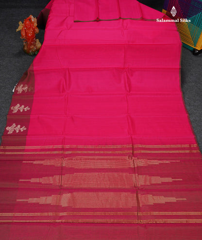 SICO Cotton Saree - Pink Colour Plain Body With Dual Tone Brown One Side Fancy Border 