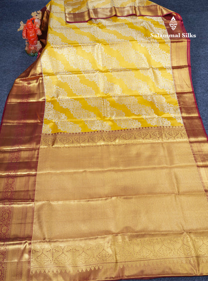 Golden Yellow Beautiful Bridal Pure Kanjivaram Silk Saree With Maroon Traditional Evening Morning Border