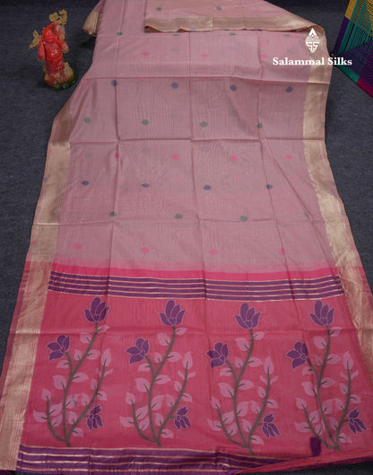 Beautiful Peach Menakari Work Thread Butta Muga Cotton Saree With Contrast Bottle Green Blouse