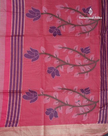 Beautiful Peach Menakari Work Thread Butta Muga Cotton Saree With Contrast Bottle Green Blouse