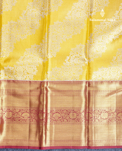 Golden Yellow Beautiful Bridal Pure Kanjivaram Silk Saree With Maroon Traditional Evening Morning Border