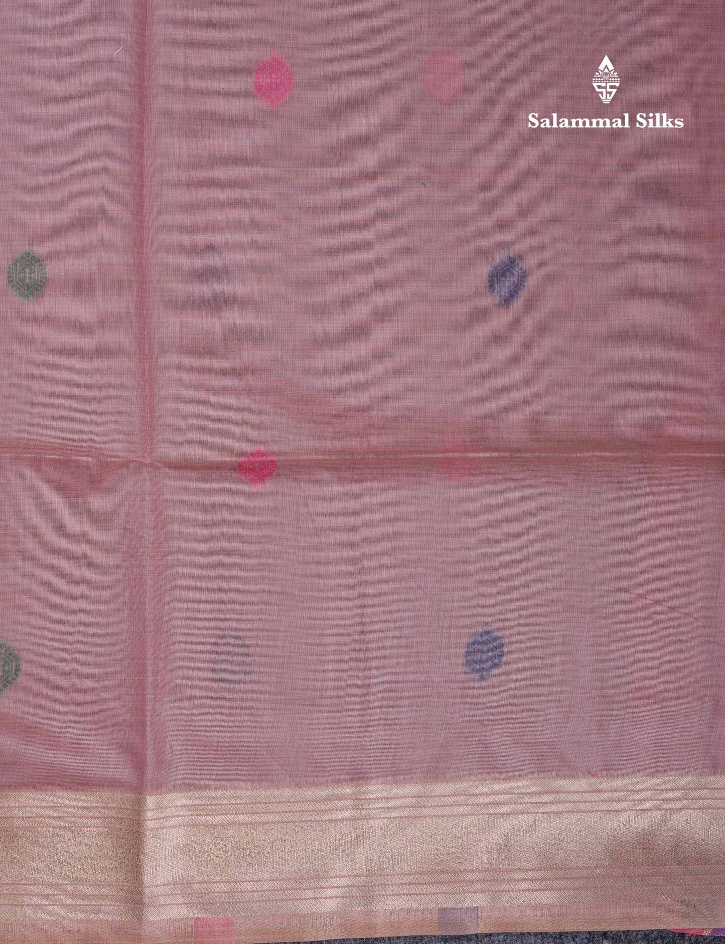 Beautiful Peach Menakari Work Thread Butta Muga Cotton Saree With Contrast Bottle Green Blouse