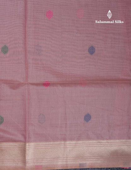Beautiful Peach Menakari Work Thread Butta Muga Cotton Saree With Contrast Bottle Green Blouse