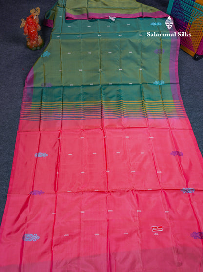 Army Green Thread work Buttas Banana Pinth Saree (Vaazhainaar Pattu) With Contrast Peach Pink Blouse