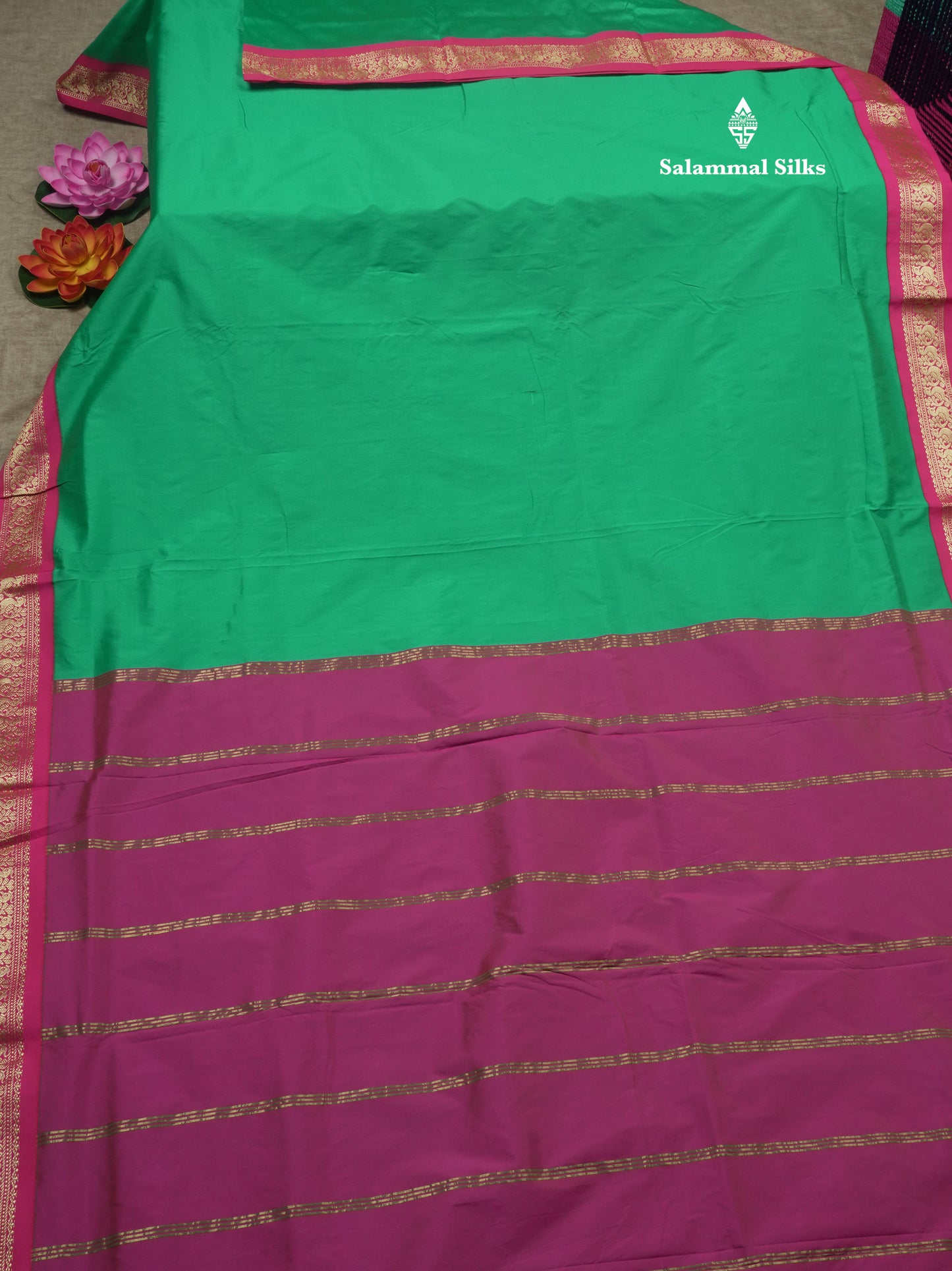 9.5 Yards Semi Silk Saree Bottle Green with Contrast Pink Border