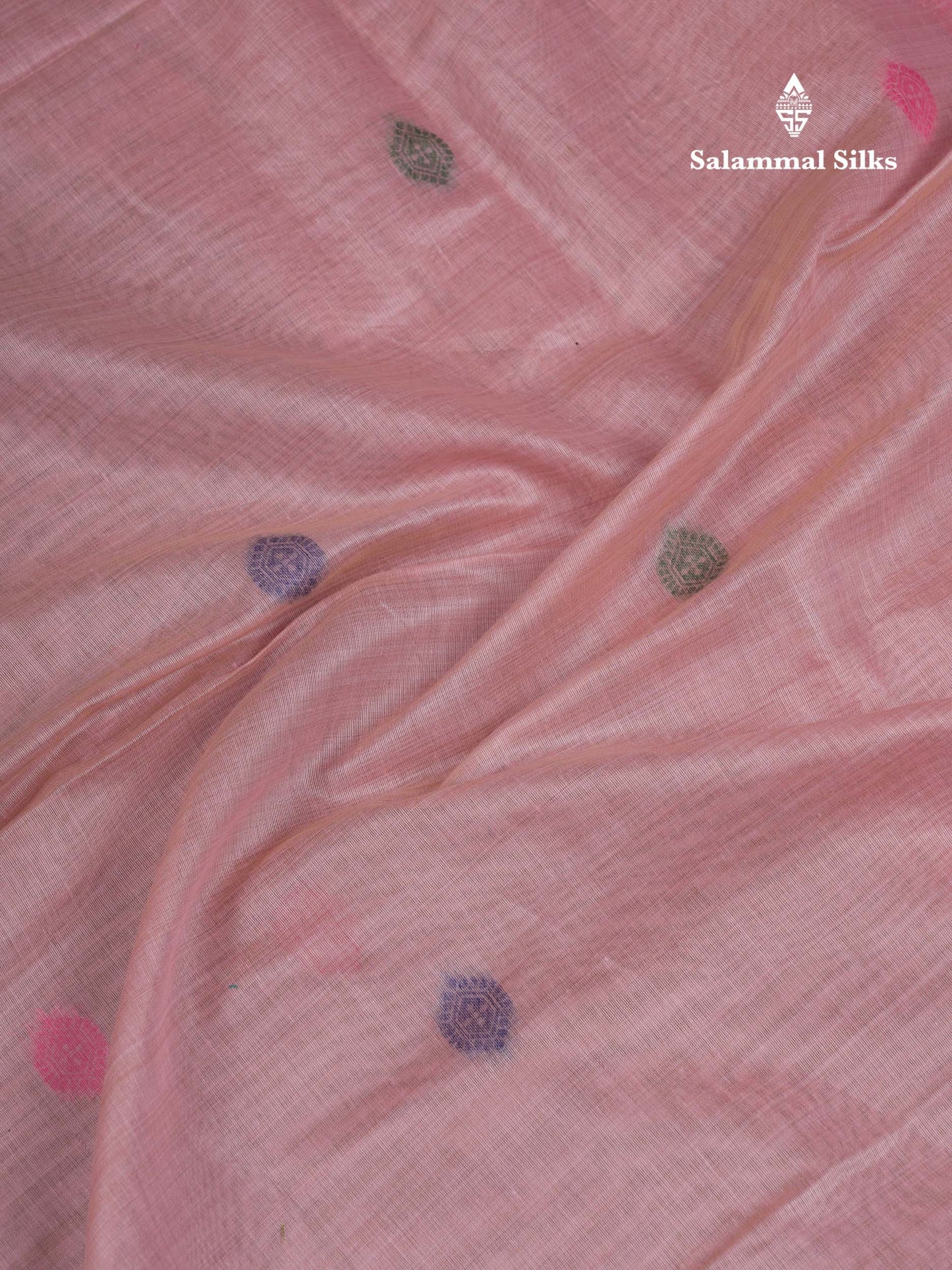 Beautiful Peach Menakari Work Thread Butta Muga Cotton Saree With Contrast Bottle Green Blouse