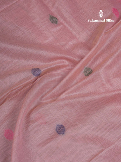 Beautiful Peach Menakari Work Thread Butta Muga Cotton Saree With Contrast Bottle Green Blouse