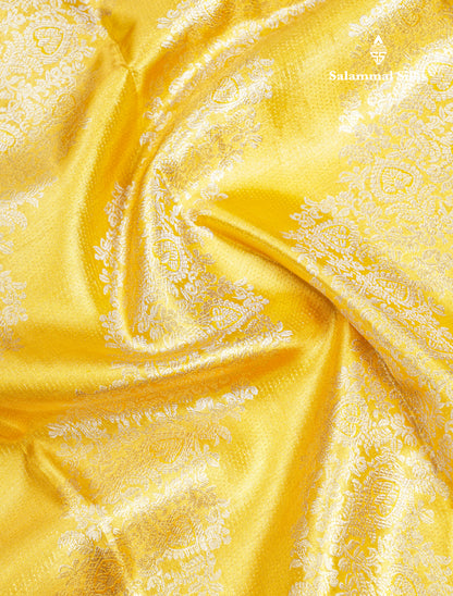 Golden Yellow Beautiful Bridal Pure Kanjivaram Silk Saree With Maroon Traditional Evening Morning Border