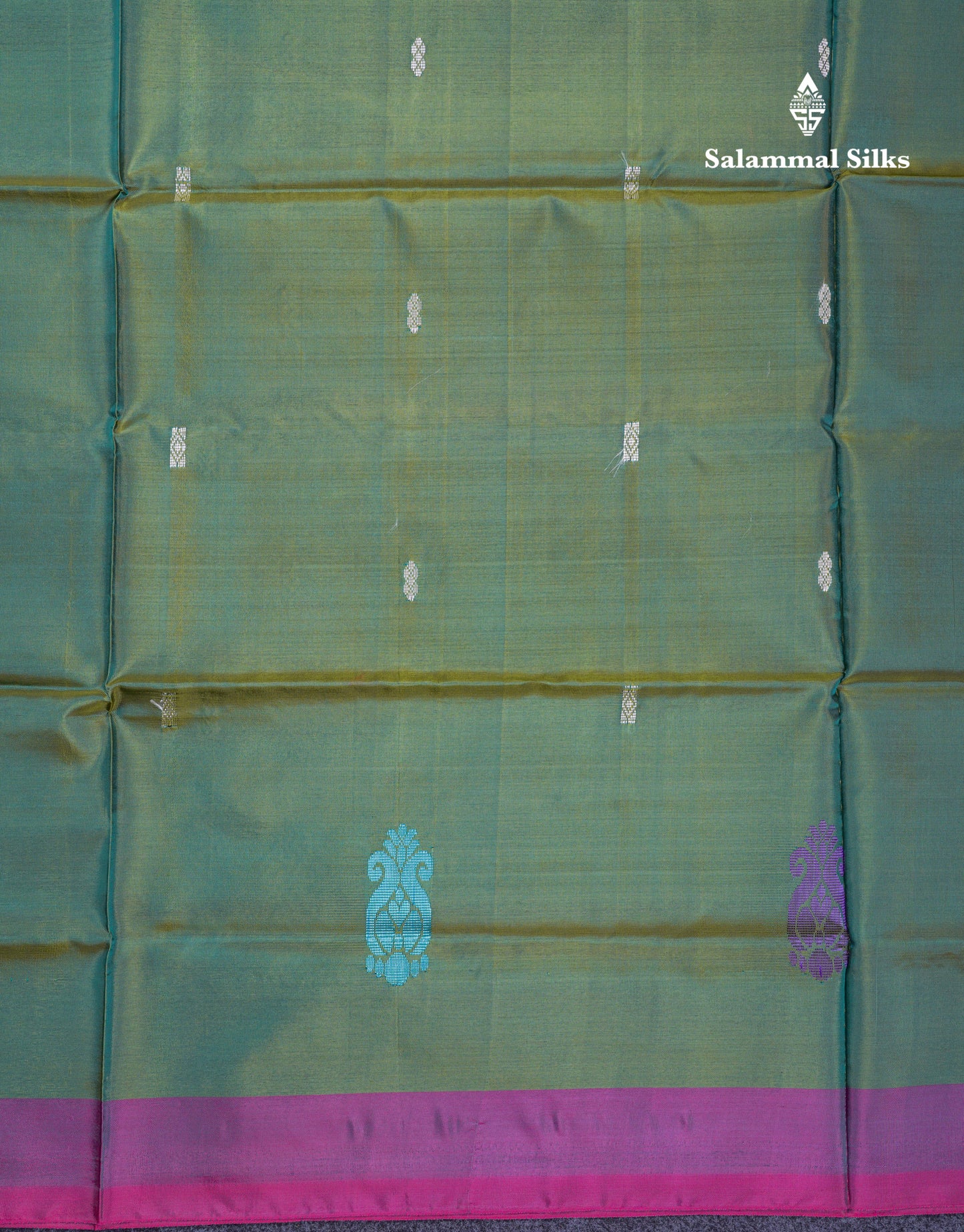 Army Green Thread work Buttas Banana Pinth Saree (Vaazhainaar Pattu) With Contrast Peach Pink Blouse