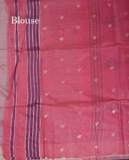 Beautiful Peach Menakari Work Thread Butta Muga Cotton Saree With Contrast Bottle Green Blouse