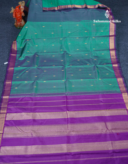 Dual Tone Green Beautiful Small Buttas Pure Kanjivaram Silk Saree With Violet Border