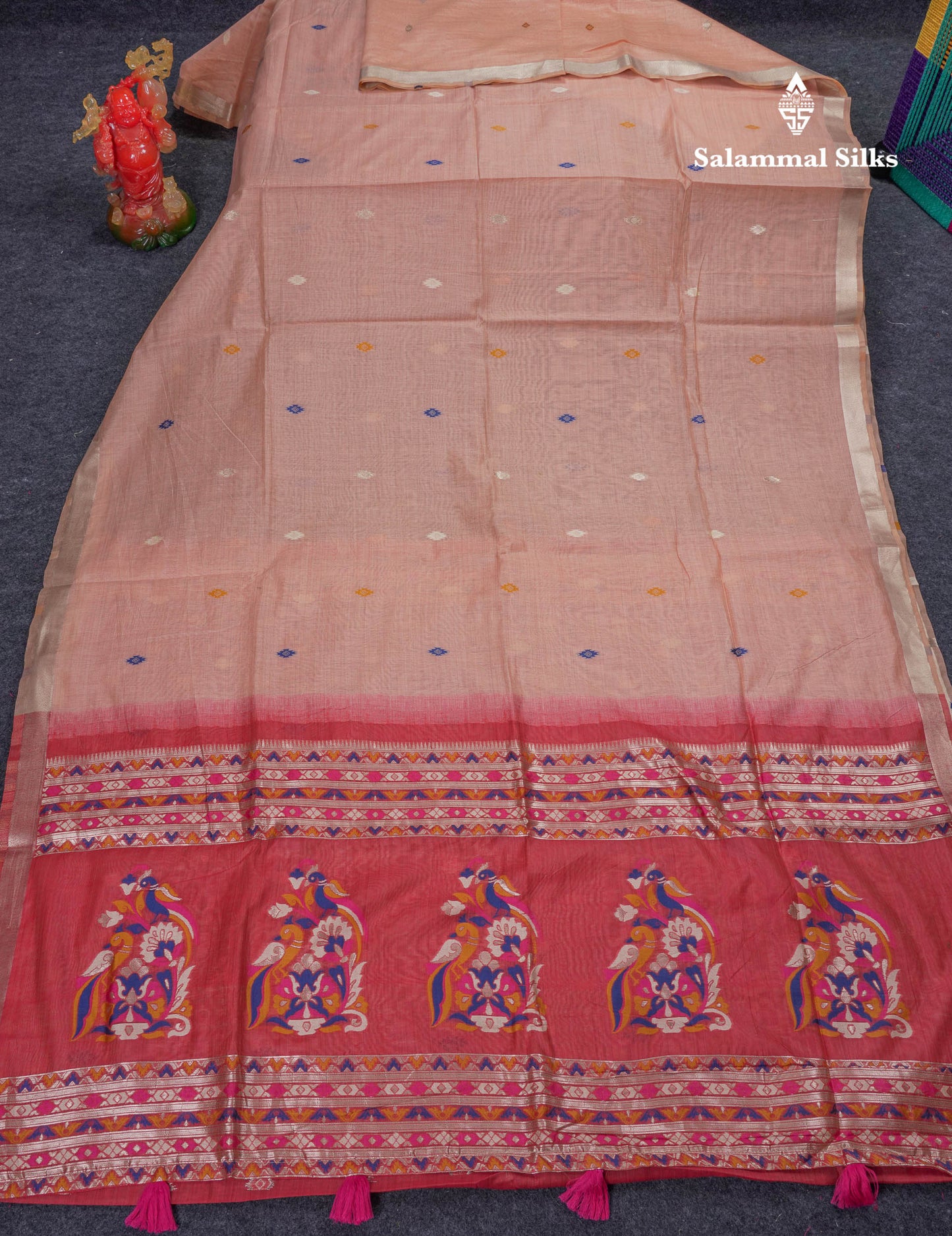 Beautiful Peach Menakari Work Muga Cotton Saree With Contrast Red Blouse