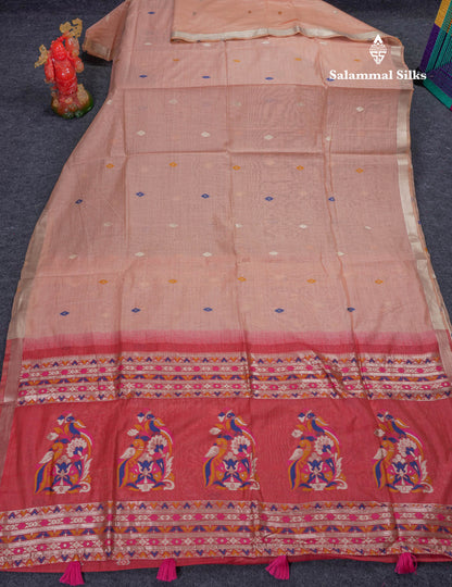 Beautiful Peach Menakari Work Muga Cotton Saree With Contrast Red Blouse
