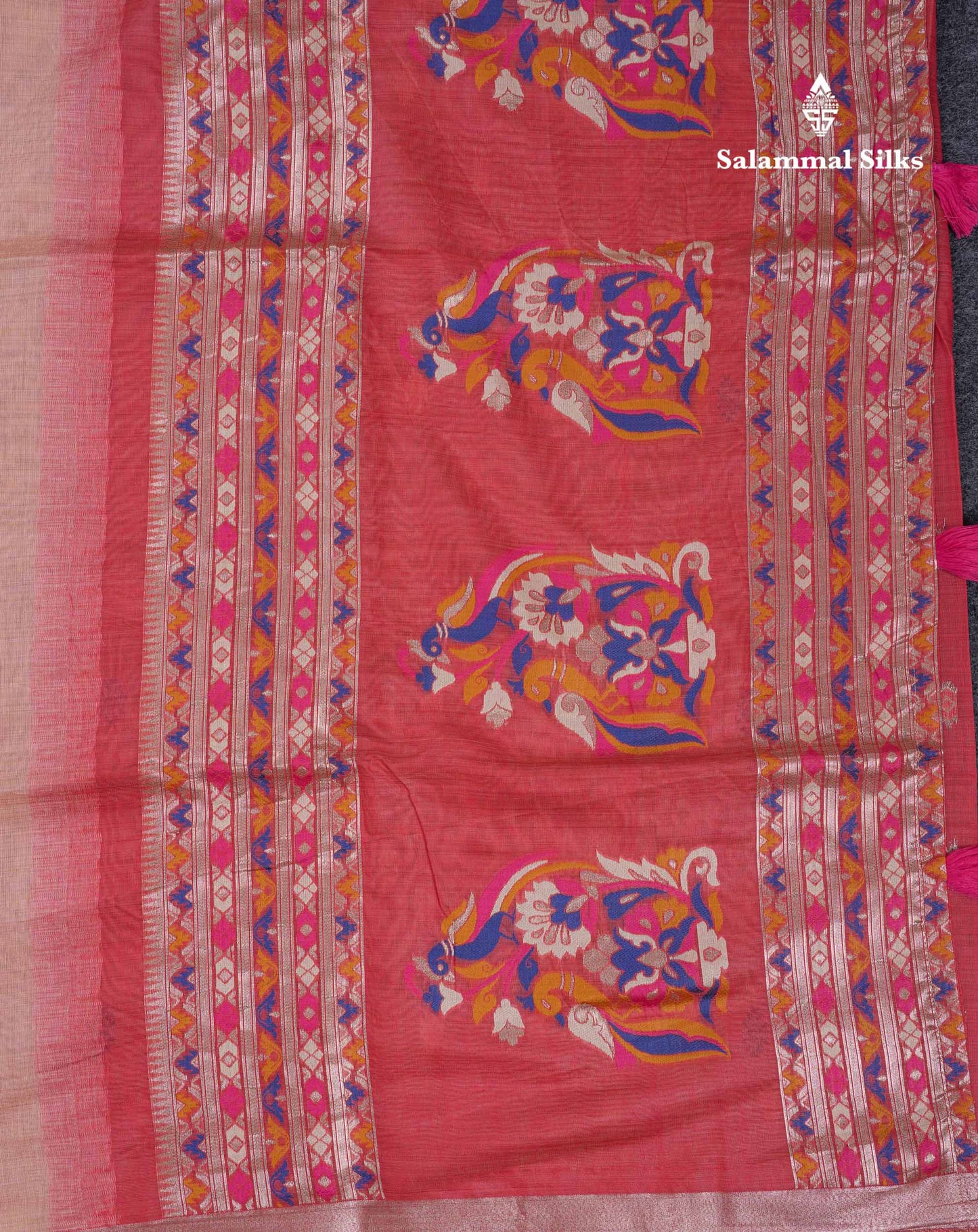 Beautiful Peach Menakari Work Muga Cotton Saree With Contrast Red Blouse