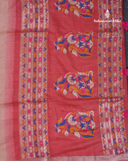 Beautiful Peach Menakari Work Muga Cotton Saree With Contrast Red Blouse