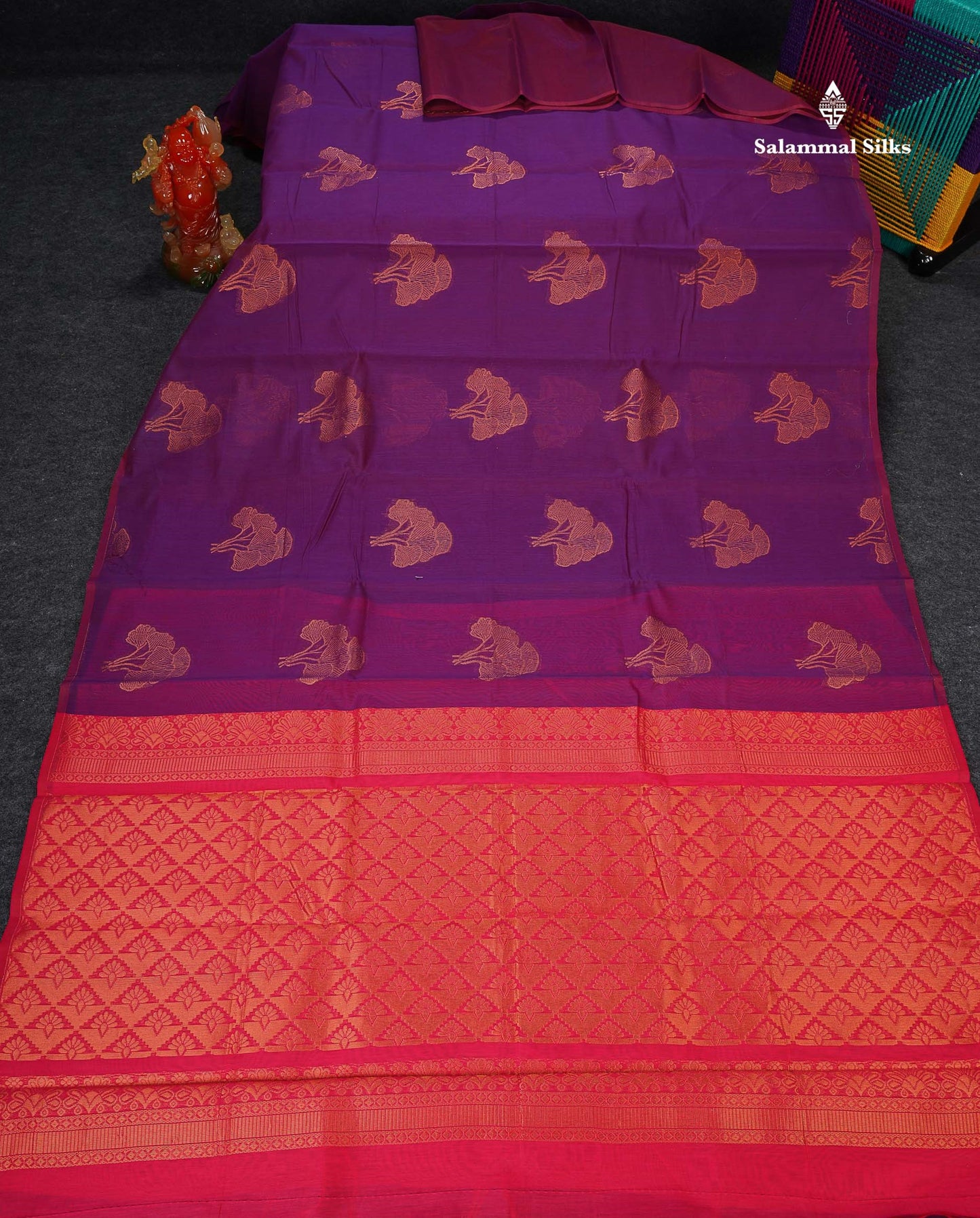 SICO Cotton Saree - Dual Tone Purple Colour Body Copper Zari Butta With Pink Blouse