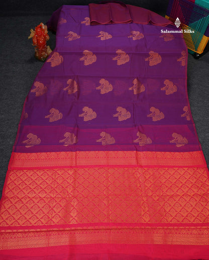 SICO Cotton Saree - Dual Tone Purple Colour Body Copper Zari Butta With Pink Blouse