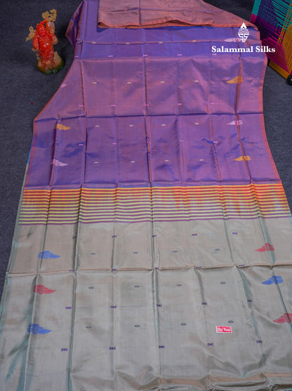 Dual Tone Purple Thread work Buttas Banana Pinth Saree (Vaazhainaar Pattu) With Contrast Light Grey Blouse