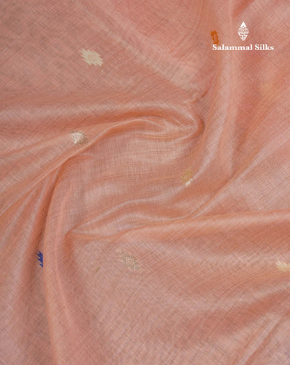 Beautiful Peach Menakari Work Muga Cotton Saree With Contrast Red Blouse